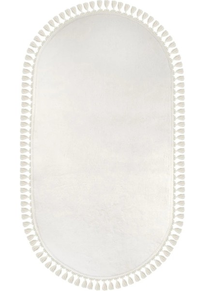 Cloudy Beyaz Oval Saçaklı Peluş Halı Yolluk Koridor Halısı Yıkanabilir Kaymaz Taban Halı