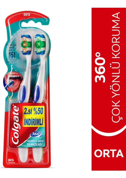 Colgate 360 Komple Ağız Temizliği Orta Diş Fırçası 1+1