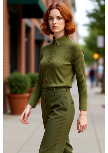 Erkek Dokulu Örme Kumaş Regular Fit Uzun Kollu Gömlek Yaka Esnek Yapılı Günlük Gömlek Rahat Kesim