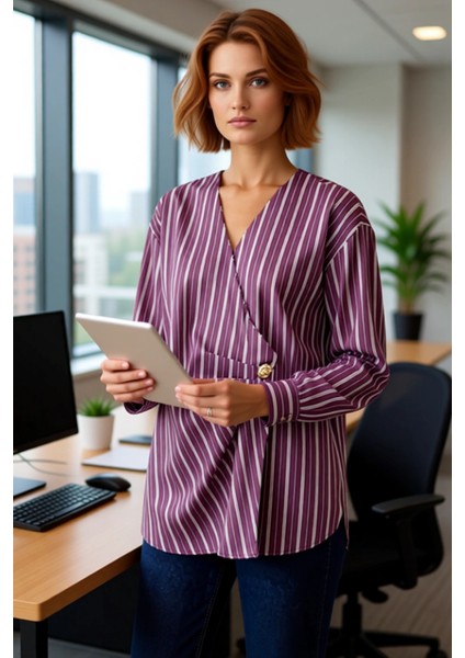Kadın Çizgili V Yaka Drapeli Dokuma Gömlek Fonksiyonel Dayanıklı Kaliteli Konforlu Estetik modelleri