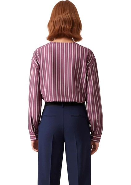 Kadın Çizgili V Yaka Drapeli Dokuma Gömlek Fonksiyonel Dayanıklı Kaliteli Konforlu Estetik indirimleri