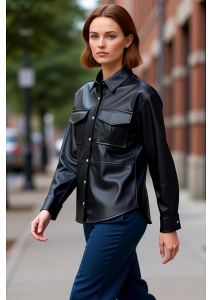 Kadın Suni Deri Düz Desen Cepli Uzun Kollu Gömlek Gündelik Şıklığın Anahtarı Fonksiyonel Şık