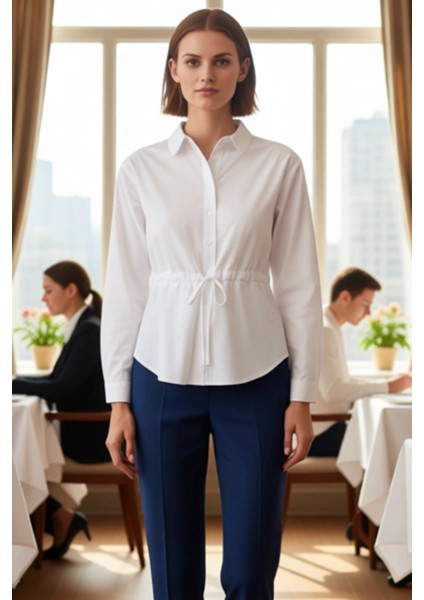 Kadın Bel Detaylı Düz Kesim Uzun Kollu Poplin Gömlek Günlük Şıklık ve Konfor Bir Arada Şık fiyatları