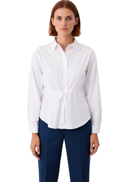 Kadın Bel Detaylı Düz Kesim Uzun Kollu Poplin Gömlek Günlük Şıklık ve Konfor Bir Arada Şık fırsatları