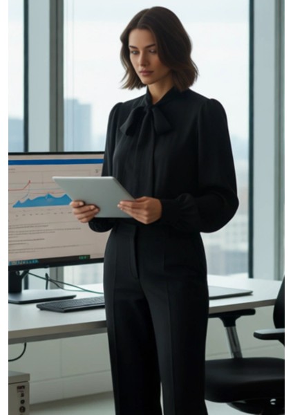 Kadın Fular Detaylı Boyundan Bağlamalı Yaka Regular Kalıp Uzun Balon Kol Dokuma Gömlek Şık ve modelleri