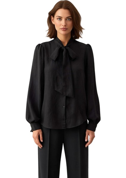 Kadın Fular Detaylı Boyundan Bağlamalı Yaka Regular Kalıp Uzun Balon Kol Dokuma Gömlek Şık ve fırsatları