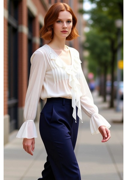 Kadın Fırfır Detaylı Şifon Bluz Uzun Kollu Rahat Kesim Ilkbahar Sonbahar Kombinleri Modern