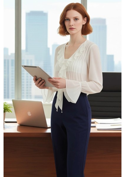 Kadın Fırfır Detaylı Şifon Bluz Uzun Kollu Rahat Kesim Ilkbahar Sonbahar Kombinleri Modern modelleri