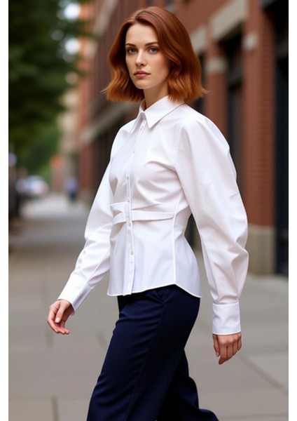 Kadın Çizgili Balon Kol Asimetrik Kesim Dokuma Gömlek Modern Görünümlerin Vazgeçilmezi Şık