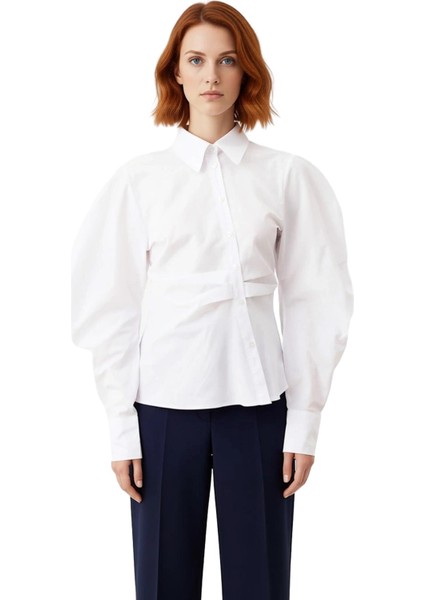 Kadın Çizgili Balon Kol Asimetrik Kesim Dokuma Gömlek Modern Görünümlerin Vazgeçilmezi Şık fırsatları