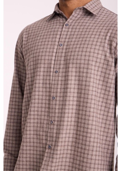 Alfonso Ekose Büyük Kareli Relaxed Fit %100 Pamuklu Flanel Kumaş Erkek Gömlek - Bej modelleri