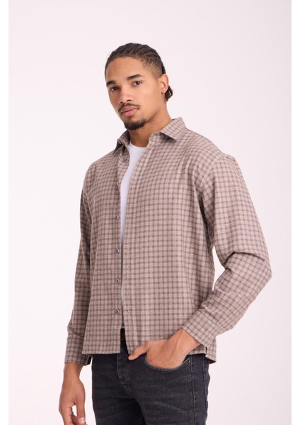 Alfonso Ekose Büyük Kareli Relaxed Fit %100 Pamuklu Flanel Kumaş Erkek Gömlek - Bej fırsatları