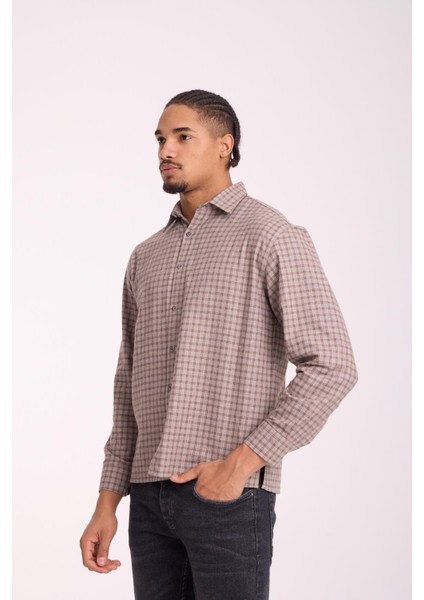 Alfonso Ekose Büyük Kareli Relaxed Fit %100 Pamuklu Flanel Kumaş Erkek Gömlek - Bej indirimleri
