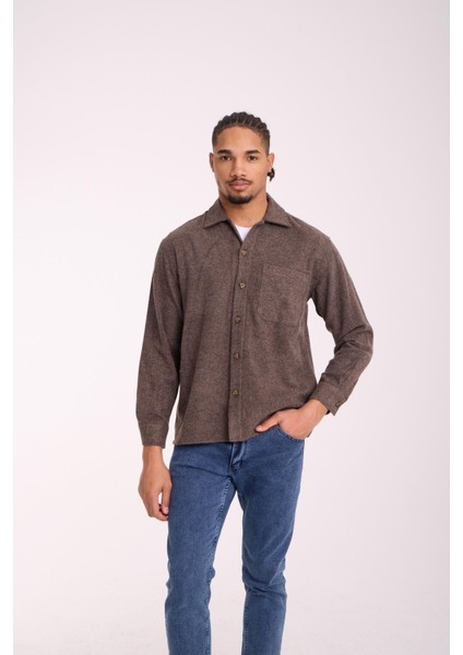 Frankel Kaşe Kumaş Tek Cepli Relaxed Fit Erkek Gömlek - Koyu Bej
