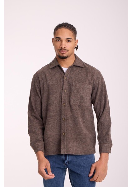 Frankel Kaşe Kumaş Tek Cepli Relaxed Fit Erkek Gömlek - Koyu Bej