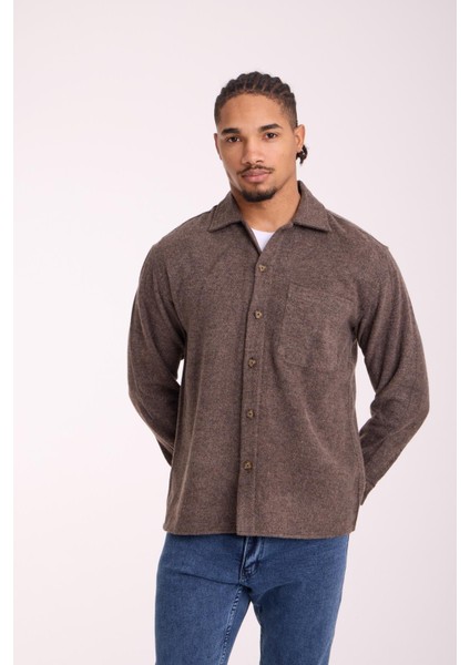 Frankel Kaşe Kumaş Tek Cepli Relaxed Fit Erkek Gömlek - Koyu Bej
