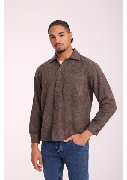 Frankel Kaşe Kumaş Tek Cepli Relaxed Fit Erkek Gömlek - Koyu Bej