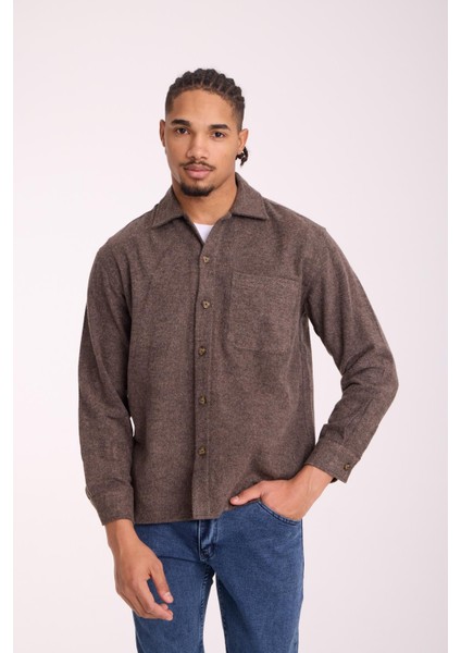 Frankel Kaşe Kumaş Tek Cepli Relaxed Fit Erkek Gömlek - Koyu Bej
