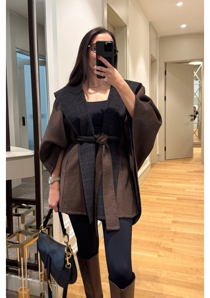 Ekose Desen Detaylı Kaşe Premium Panço- Kahverengi