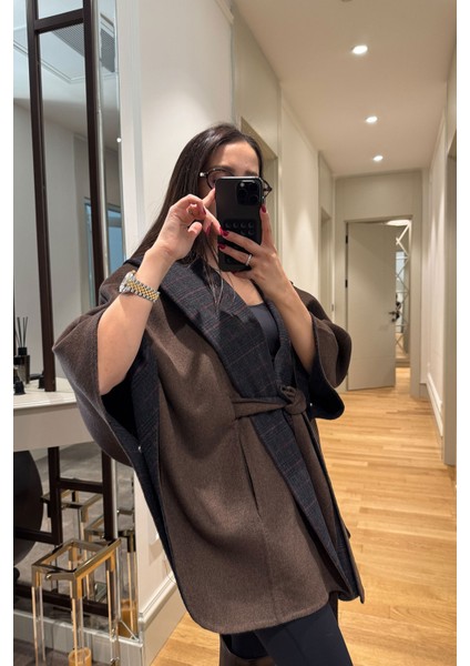 Ekose Desen Detaylı Kaşe Premium Panço- Kahverengi fiyatları