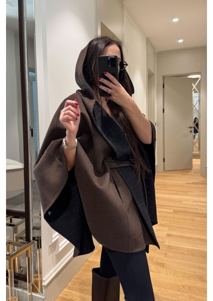 Ekose Desen Detaylı Kaşe Premium Panço- Kahverengi modelleri