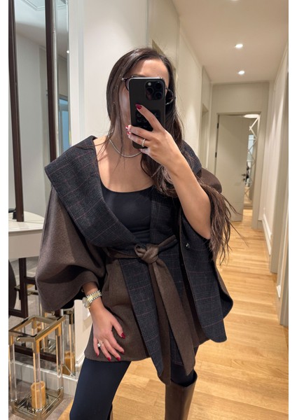 Ekose Desen Detaylı Kaşe Premium Panço- Kahverengi fırsatları