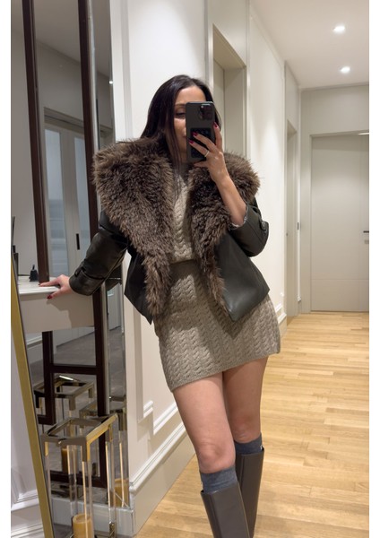 Kürklü Şal Yaka Premium Deri Ceket- Haki fırsatları