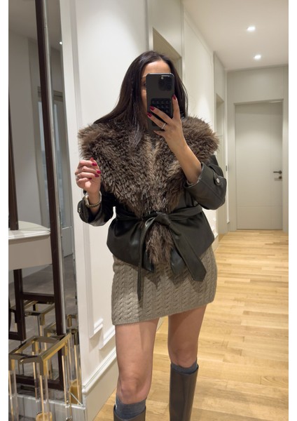 Kürklü Şal Yaka Premium Deri Ceket- Haki indirimleri