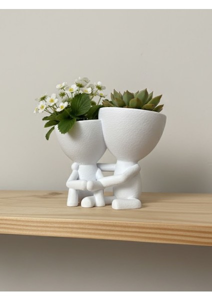 3D Sarılan Insan Figürlü Çift Saksı - Minimal Dekoratif Sukulent Saksısı