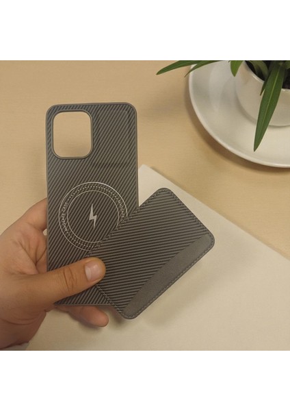Xiaomi Redmi 12 Uyumlu Rona Magcarbon Fiber Doku Manyetik Kılıf + Kartlık Cüzdan