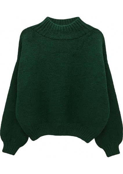 6700 Kadın Dik Yaka Balon Triko Kazak Zümrüt