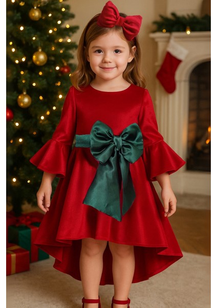 Kız Çocuk Ekose Kırmızı Kadife Noel Elbisesi – Çan Kol & Ekose Fiyonk Detaylı Özel Gün Elbisesi