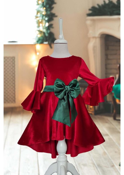 Kız Çocuk Ekose Kırmızı Kadife Noel Elbisesi – Çan Kol & Ekose Fiyonk Detaylı Özel Gün Elbisesi modelleri