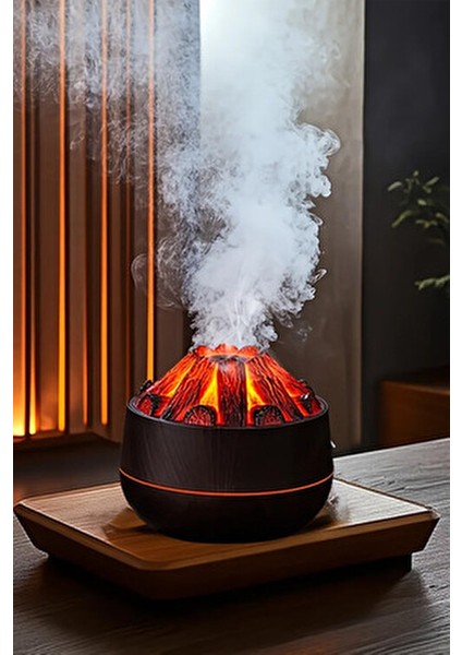 Ahşap Odun Ateşi Tasarımlı Hava Nemlendirici-Buhar Makinası-Aroma Difüzörü LED Işık 300ML