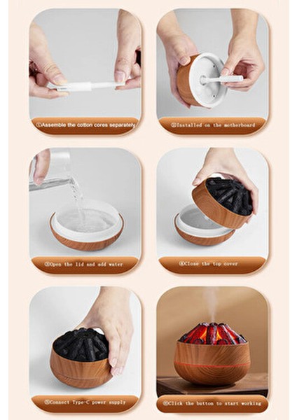 Ahşap Odun Ateşi Tasarımlı Hava Nemlendirici-Buhar Makinası-Aroma Difüzörü LED Işık 300ML