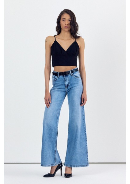 Geniş Paça Baggy Kadın Jean Pantolon - Mavi Mavi - 27