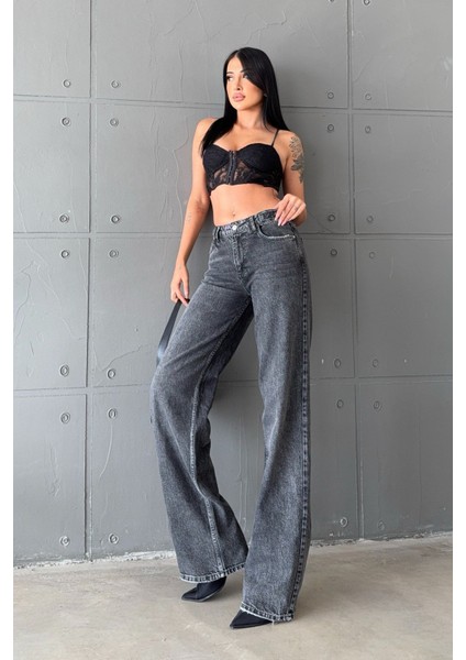 Geniş Paça Düşük Bel Kadın Jean Pantolon - Antrasit Antrasit - 28