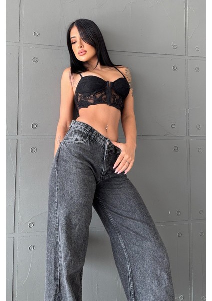 Geniş Paça Düşük Bel Kadın Jean Pantolon - Antrasit Antrasit - 28 fiyatları