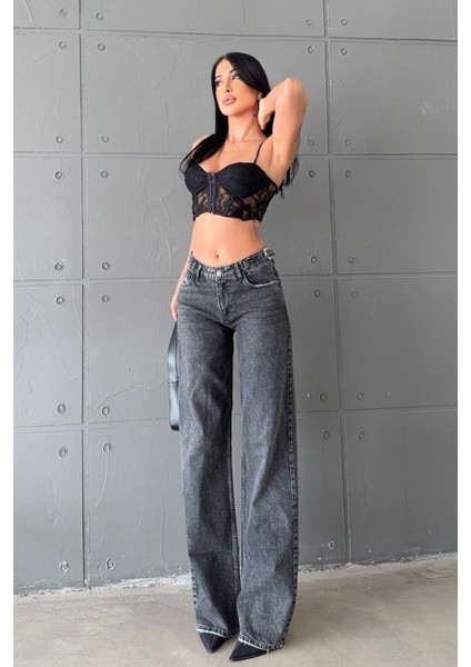 Geniş Paça Düşük Bel Kadın Jean Pantolon - Antrasit Antrasit - 28 modelleri