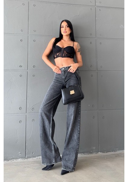 Geniş Paça Düşük Bel Kadın Jean Pantolon - Antrasit Antrasit - 28 fırsatları