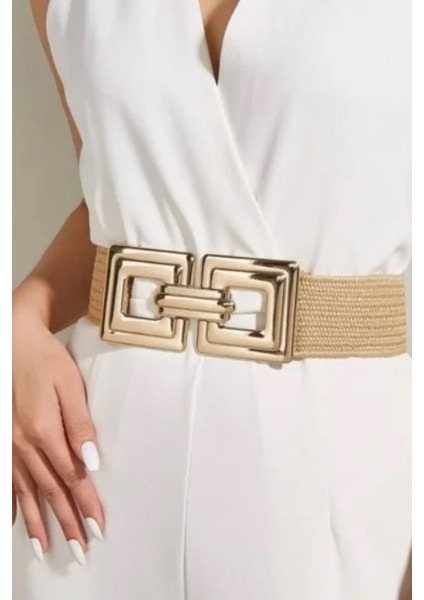 Büyük Gold Tokalı Hasır Örgü Esnek Kemer