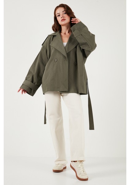 Oversize Fit Kruvaze Yaka Kuşaklı Düğmeli Trençkot Bayan Trençkot 6839609 fiyatları