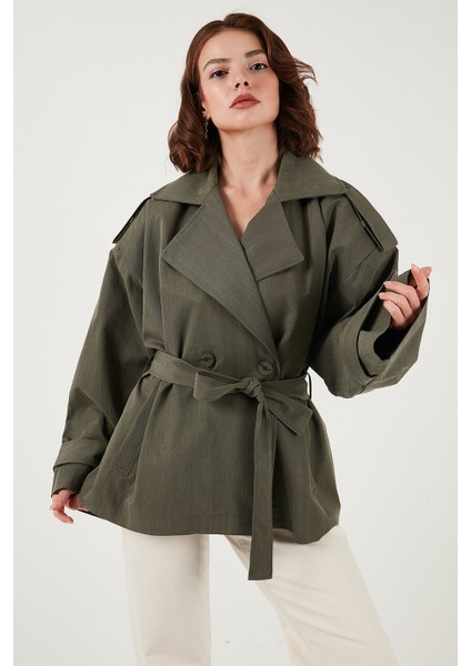 Oversize Fit Kruvaze Yaka Kuşaklı Düğmeli Trençkot Bayan Trençkot 6839609 modelleri