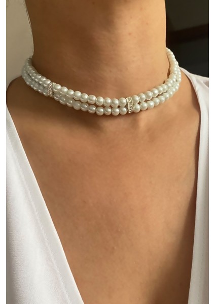 Çift Sıralı Zirkon Taş Detay Cam Inci Kolye