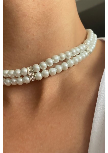 Çift Sıralı Zirkon Taş Detay Cam Inci Kolye modelleri