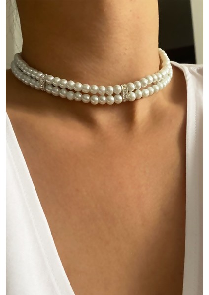 Çift Sıralı Zirkon Taş Detay Cam Inci Kolye fırsatları