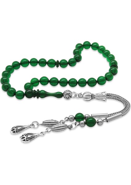 Kararmaz Metal Püsküllü Küre Kesim Bilek Boy Yeşil Ateş Kehribar Tesbih