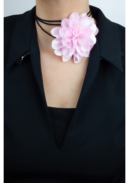 Bağcıklı Kumaş Çiçek Choker Gül Kolye