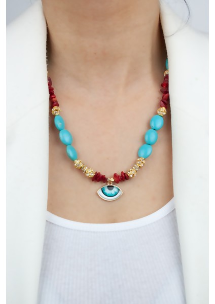 Göz Detay Turkuaz ve Mercan Doğaltaş Kolye