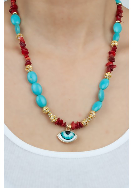 Göz Detay Turkuaz ve Mercan Doğaltaş Kolye modelleri